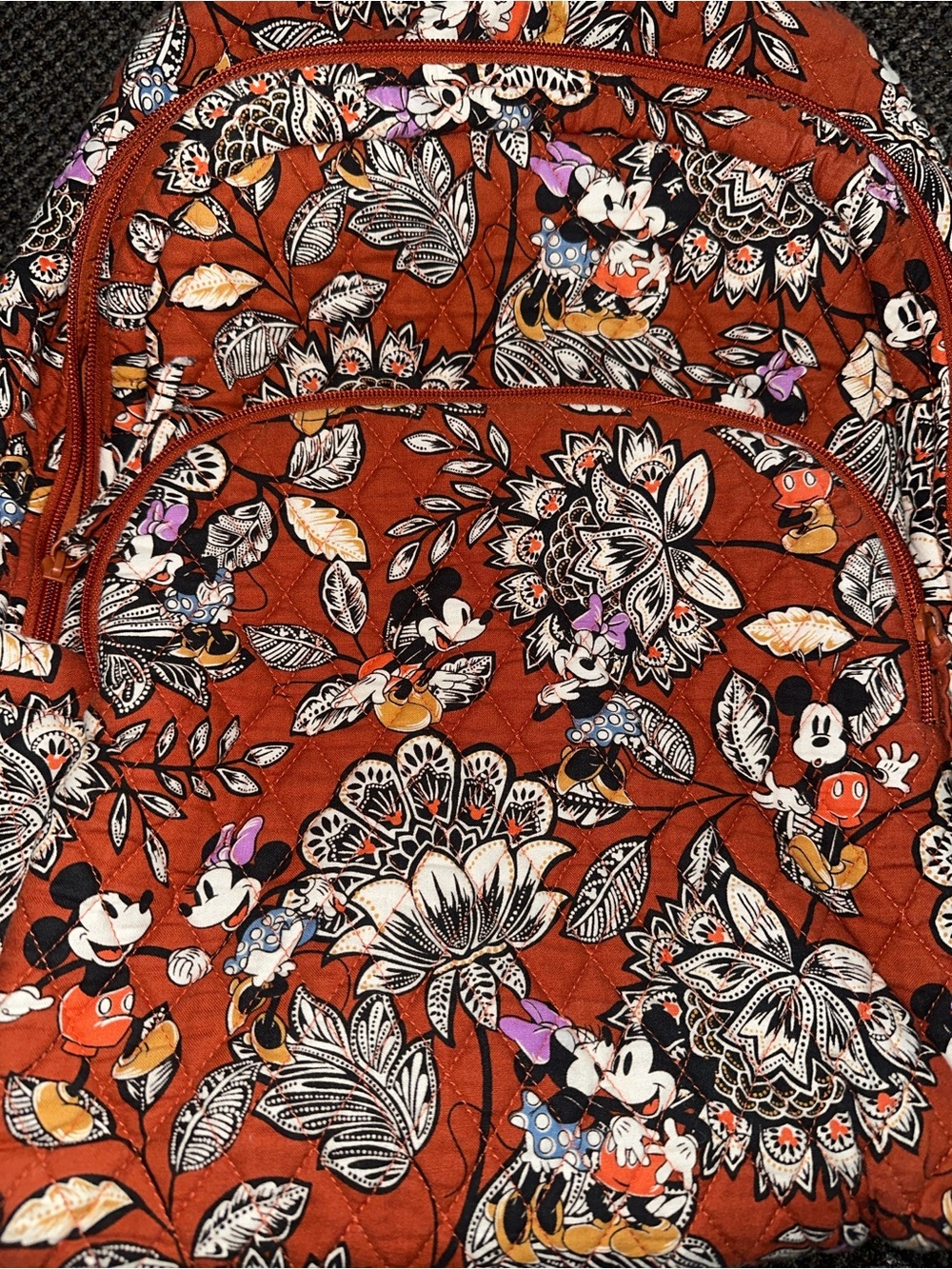 Disney Vera Bradley Rust Floral Mickey & Minnie Quilted Backpack - Picture 2 of 13
